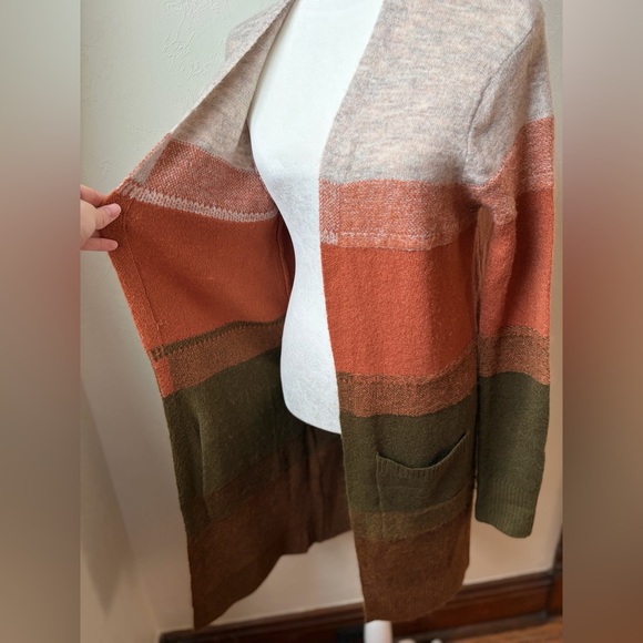 Hem & Thread Women’s Striped Open Cardigan Size M Cream, Green & Burnt Orange - Picture 4 of 7